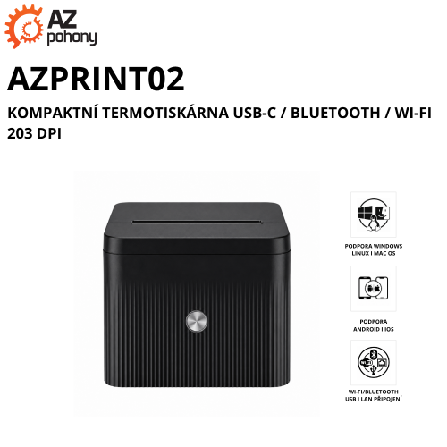 AZPRINT02 - kompaktní termotiskárna USB-C / Bluetooth / Wi-Fi, 203 DPI